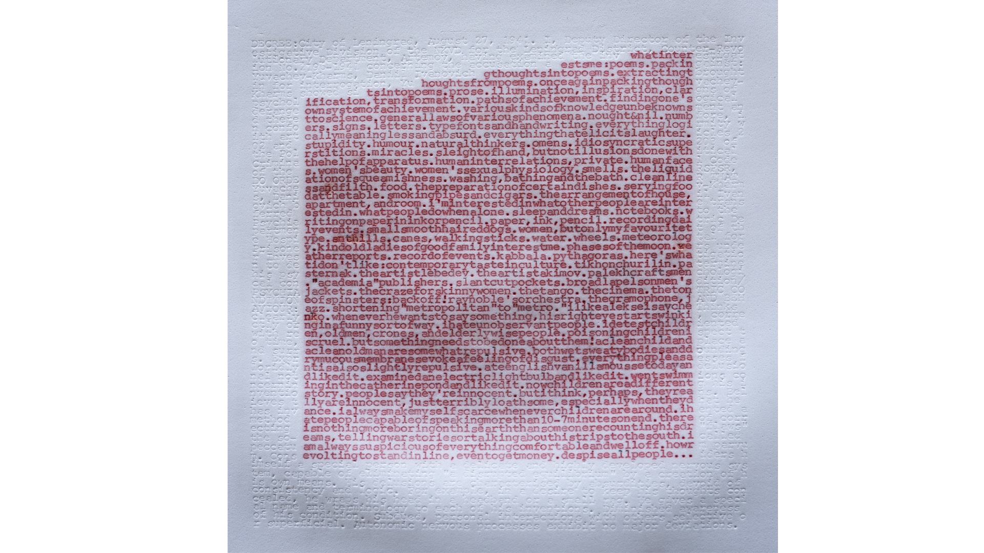 Six Known and Six Unknown Languages (4), Typewriter Ink and Impressions on Foam (18.5 cm x 18.4 cm)